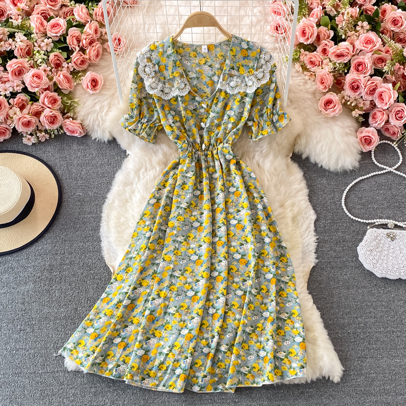 Summer New Fresh Gentle Elegant Style Tight Waist Slimming A- line Skirt Doll Collar Floral Dress - Image 2
