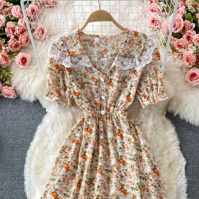 Summer New Fresh Gentle Elegant Style Tight Waist Slimming A- line Skirt Doll Collar Floral Dress - Image 4