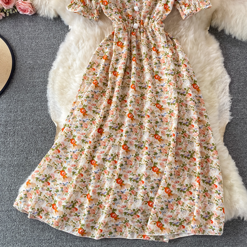 Summer New Fresh Gentle Elegant Style Tight Waist Slimming A- line Skirt Doll Collar Floral Dress - Image 5