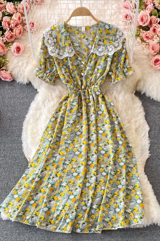 Summer New Fresh Gentle Elegant Style Tight Waist Slimming A- line Skirt Doll Collar Floral Dress - Image 7