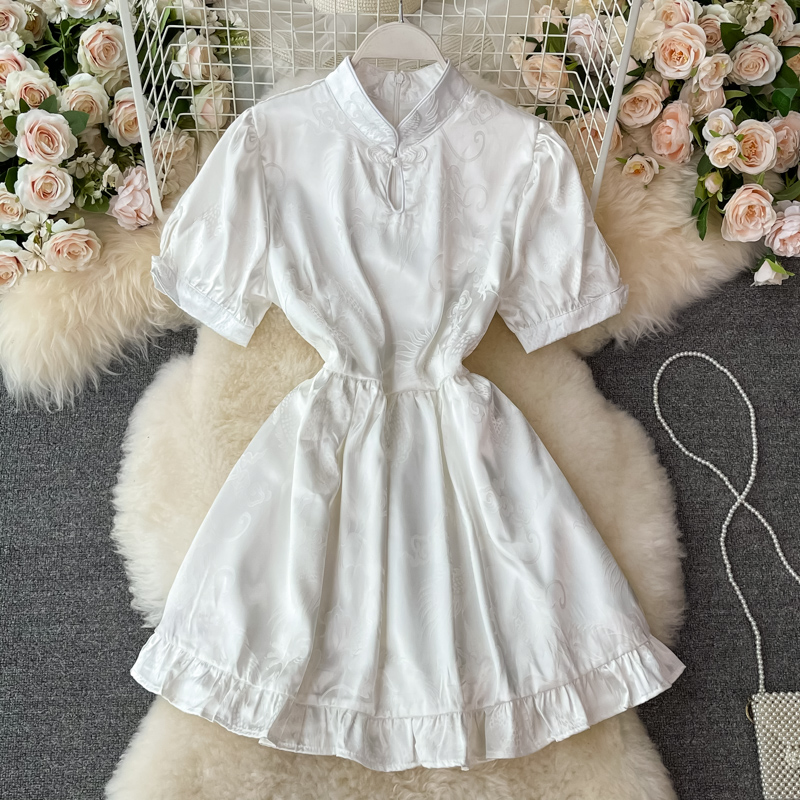 Summer New French Retro Chinese Style Girl Improved Cheongsam Hepburn Small Puff Sleeve Dress - Image 2