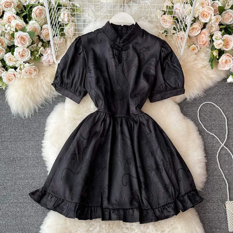 Summer New French Retro Chinese Style Girl Improved Cheongsam Hepburn Small Puff Sleeve Dress - Image 3