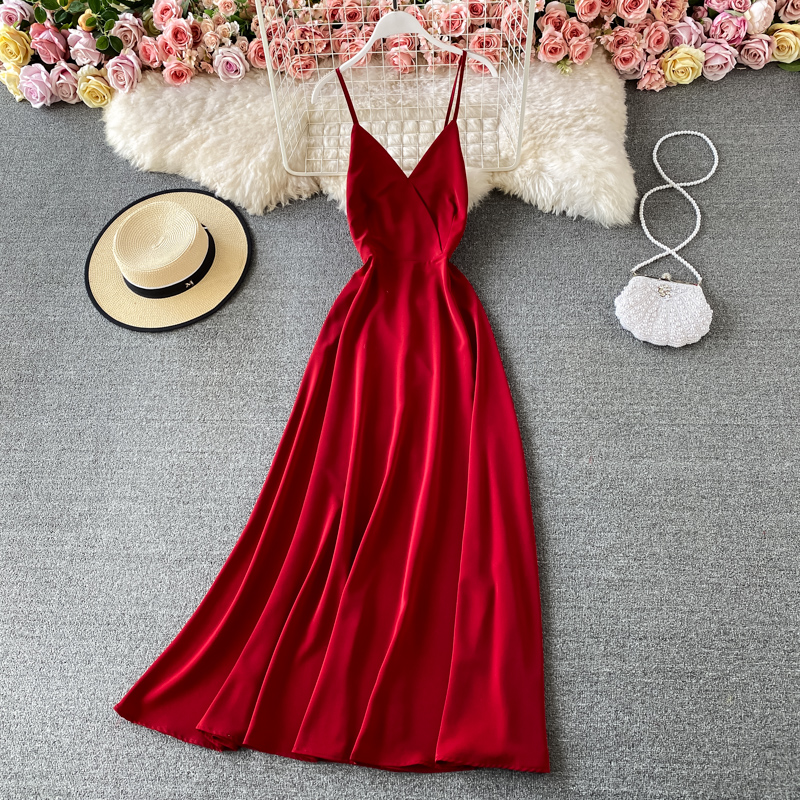 Summer Solid Color Wide Hem Dress V-neck Scheming Backless Slim-Fit Figure Flattering Party Dress High Waist Dress - Image 2