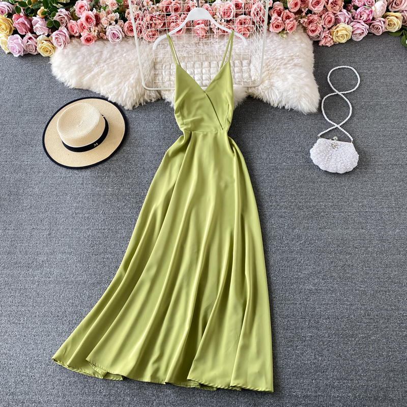 Summer Solid Color Wide Hem Dress V-neck Scheming Backless Slim-Fit Figure Flattering Party Dress High Waist Dress - Image 3