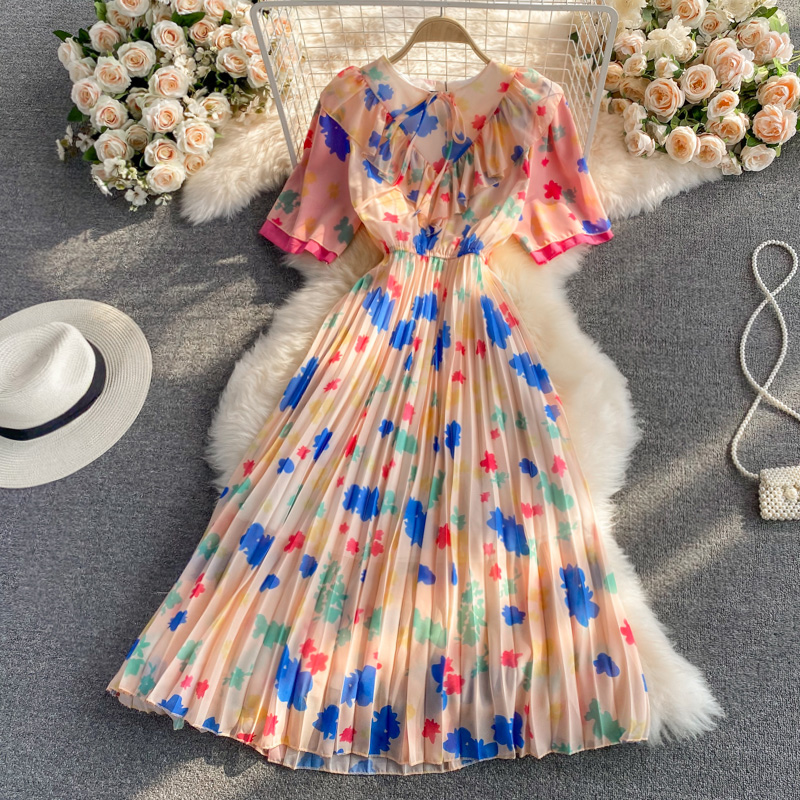 Summer New French Style Retro Kikyo First Love Super Mori Tight Waist Slim round Neck Chiffon Pleated Dress