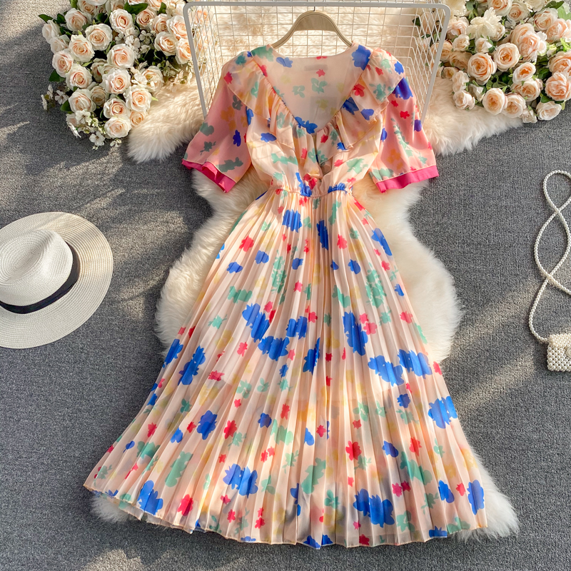 Summer New French Style Retro Kikyo First Love Super Mori Tight Waist Slim round Neck Chiffon Pleated Dress - Image 3