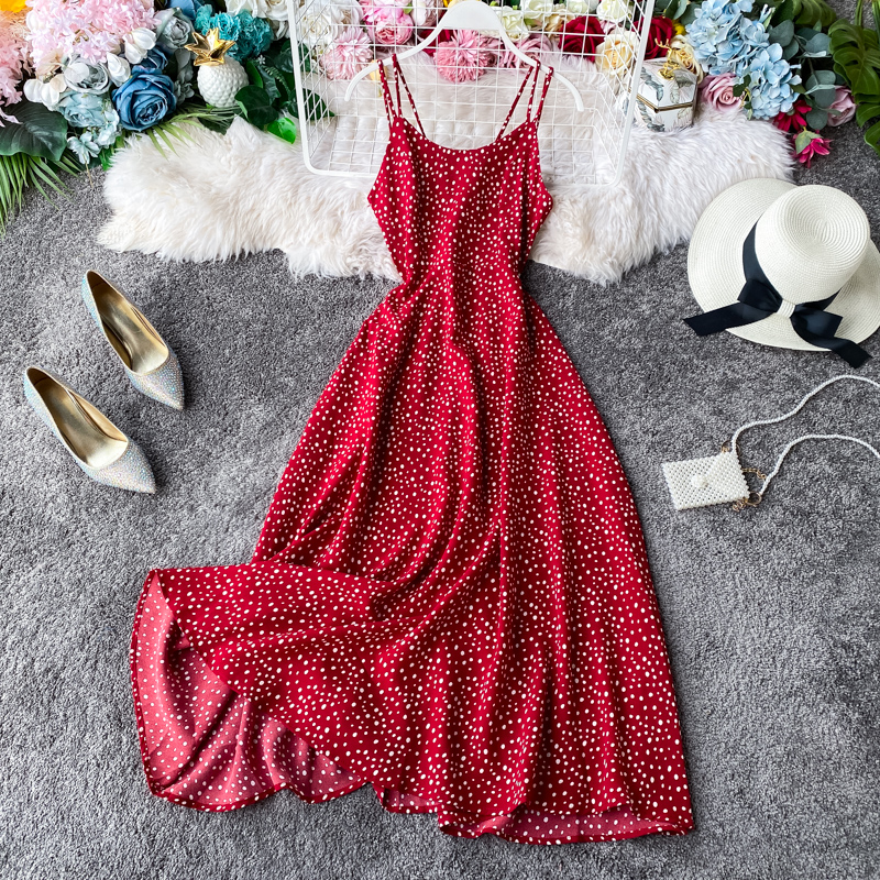 Wine red strap dress wave point beach dress backless cultivate one's morality super fairy posed dress seaside resort - Image 2