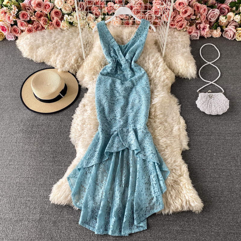 New Graceful and Fashionable Elegant Elegant Elegant Elegant V-neck Lace High Waist Slim Fishtail Asymmetric Dress