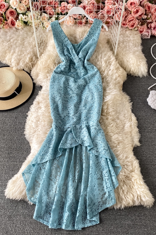 New Graceful and Fashionable Elegant Elegant Elegant Elegant V-neck Lace High Waist Slim Fishtail Asymmetric Dress - Image 7