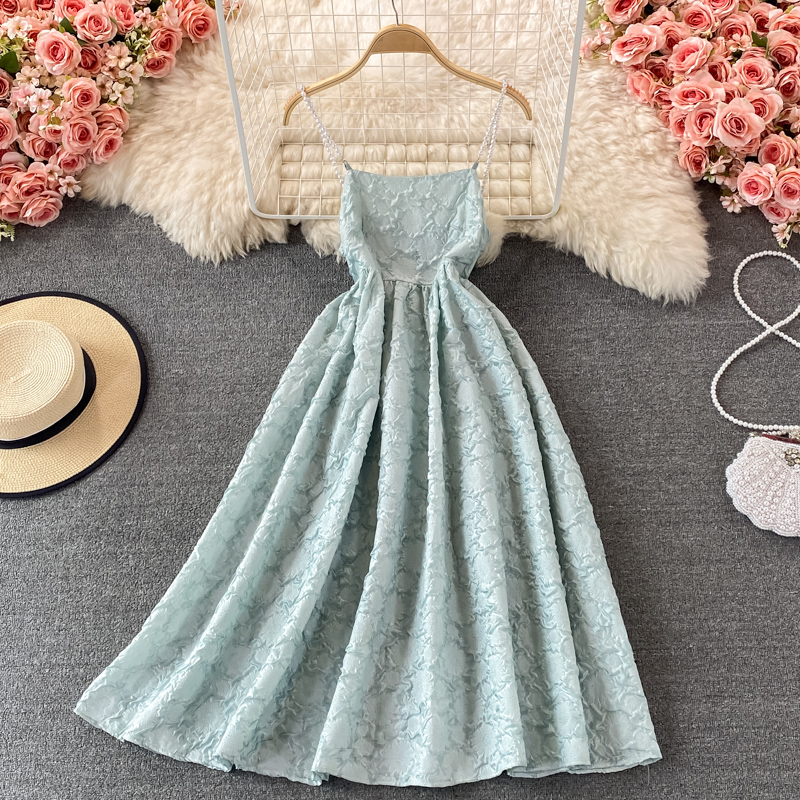 Palace Style Jacquard Strap Dress Summer New French Style Retro Elegant Loose Slimming Puffy A- line Skirt