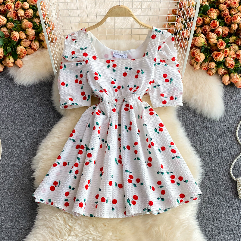 French First Love Bubble Skirt Summernew Niche Temperament Square Collar Puff Sleeve Cherry Dress for Women