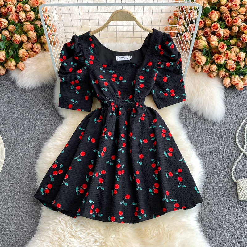 French First Love Bubble Skirt Summernew Niche Temperament Square Collar Puff Sleeve Cherry Dress for Women - Image 3