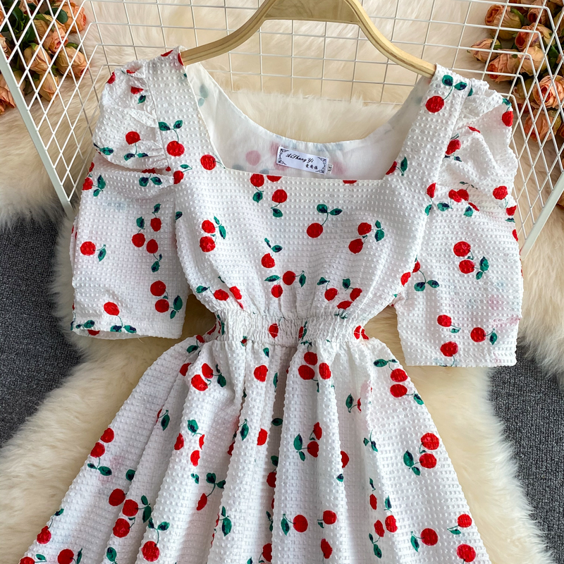 French First Love Bubble Skirt Summernew Niche Temperament Square Collar Puff Sleeve Cherry Dress for Women - Image 4