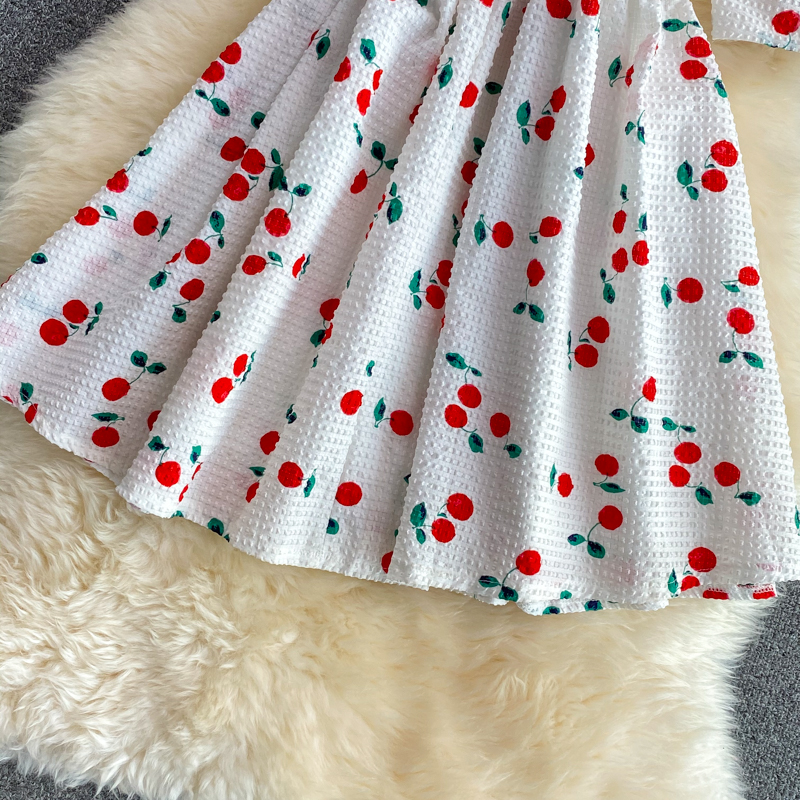 French First Love Bubble Skirt Summernew Niche Temperament Square Collar Puff Sleeve Cherry Dress for Women - Image 5