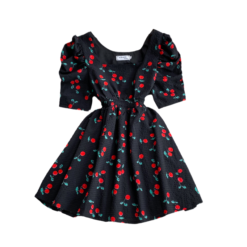 French First Love Bubble Skirt Summernew Niche Temperament Square Collar Puff Sleeve Cherry Dress for Women - Image 6