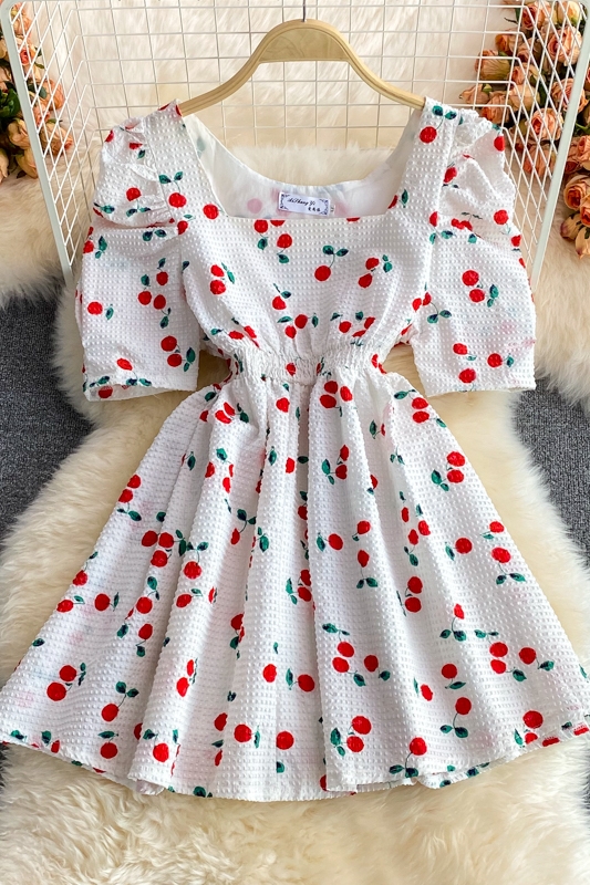French First Love Bubble Skirt Summernew Niche Temperament Square Collar Puff Sleeve Cherry Dress for Women - Image 7