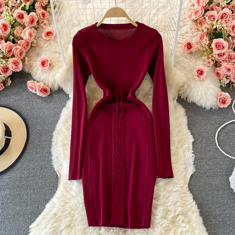 Autumn European and American round neck waist slimming long-sleeved tie stretch-wrapped hip knitted tight-fitting skirt - Image 2