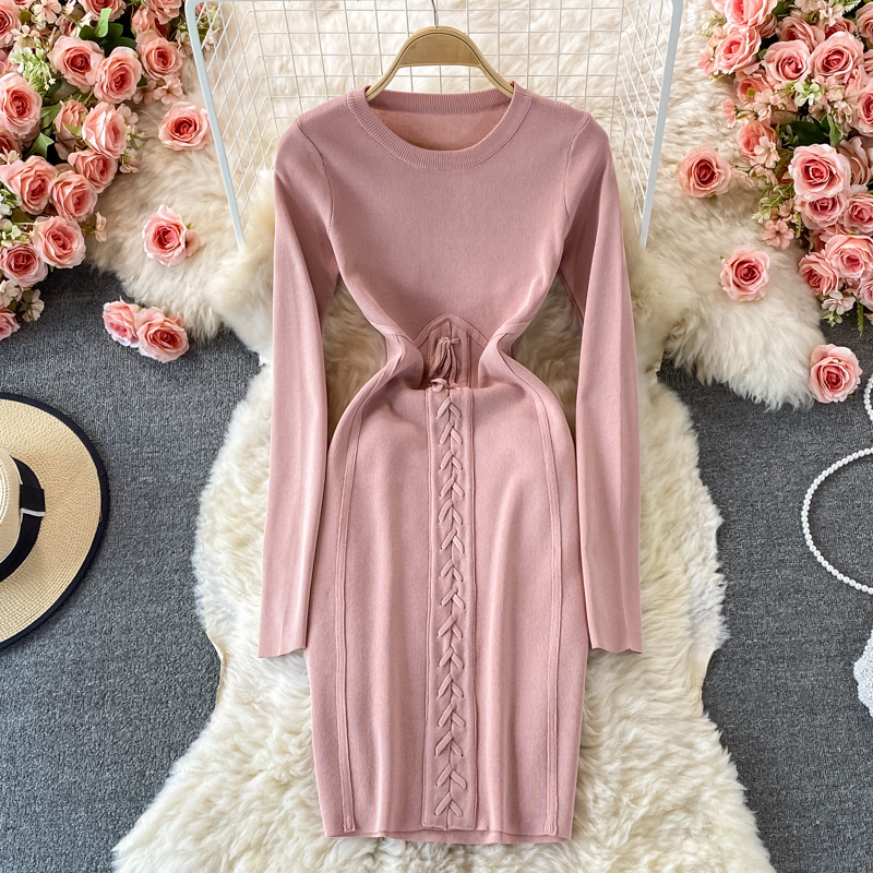 Autumn European and American round neck waist slimming long-sleeved tie stretch-wrapped hip knitted tight-fitting skirt - Image 4