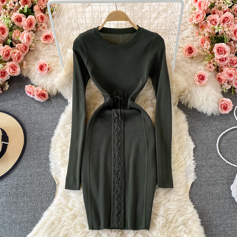 Autumn European and American round neck waist slimming long-sleeved tie stretch-wrapped hip knitted tight-fitting skirt - Image 5