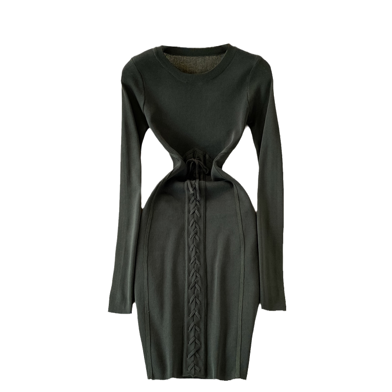 Autumn European and American round neck waist slimming long-sleeved tie stretch-wrapped hip knitted tight-fitting skirt - Image 6