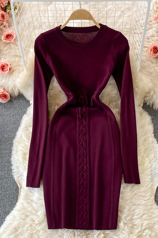 Autumn European and American round neck waist slimming long-sleeved tie stretch-wrapped hip knitted tight-fitting skirt - Image 7