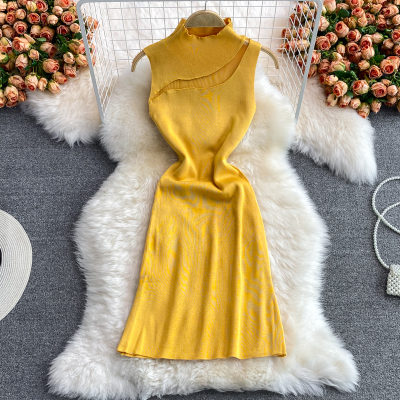 European and American style sexy scheming chest hollow stand collar slim fit hip tight-fitting stretch knitted dress - Image 2