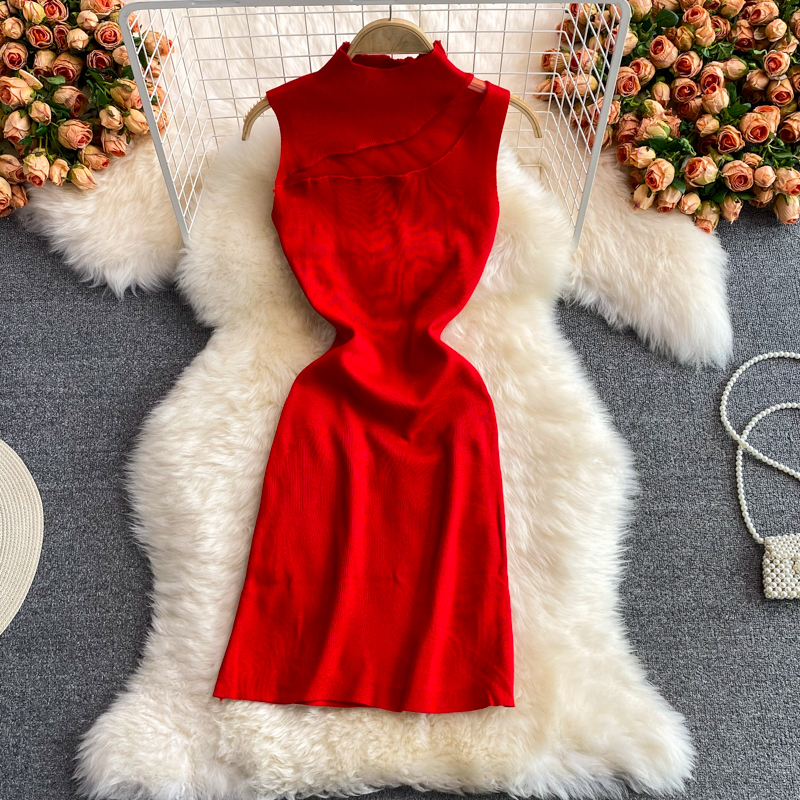 European and American style sexy scheming chest hollow stand collar slim fit hip tight-fitting stretch knitted dress - Image 3