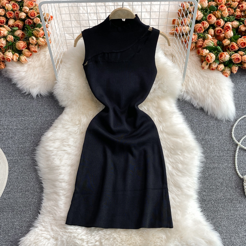 European and American style sexy scheming chest hollow stand collar slim fit hip tight-fitting stretch knitted dress - Image 4