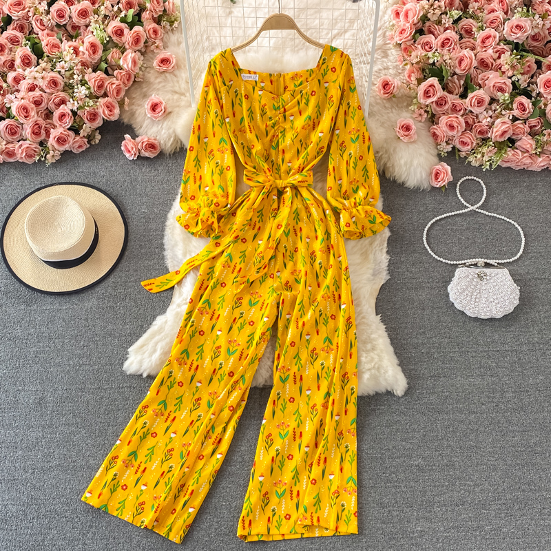 Long Sleeve Cinched Tie Slim-Fit Floral Square Collar Jumpsuitautumn New High Waist Wide Leg Jumpsuit