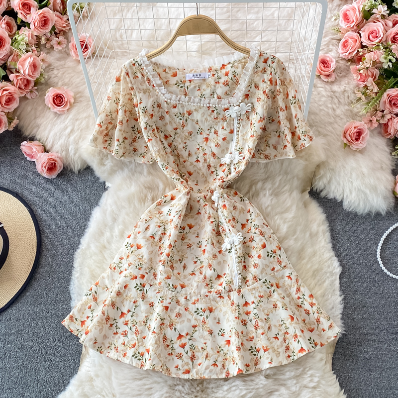 Retro Improved Cheongsam Puff Sleeve Dress Summer French Style Retro Gentle Temperament Short Sleeve Small Fresh Floral Skirt