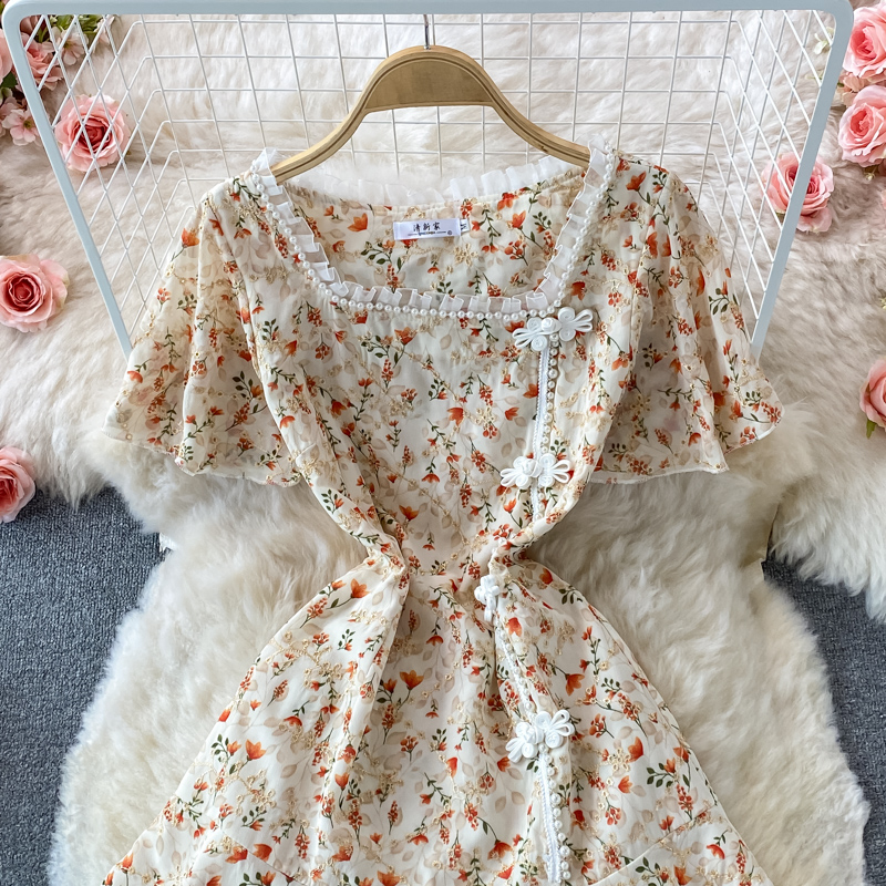 Retro Improved Cheongsam Puff Sleeve Dress Summer French Style Retro Gentle Temperament Short Sleeve Small Fresh Floral Skirt - Image 3