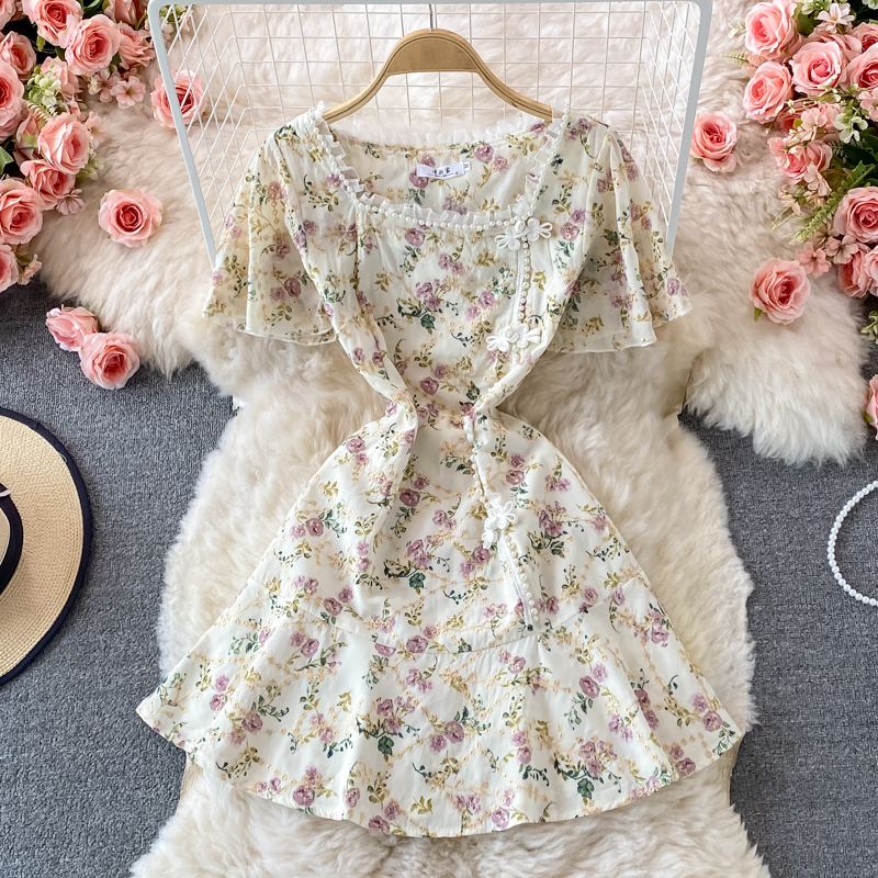Retro Improved Cheongsam Puff Sleeve Dress Summer French Style Retro Gentle Temperament Short Sleeve Small Fresh Floral Skirt - Image 5