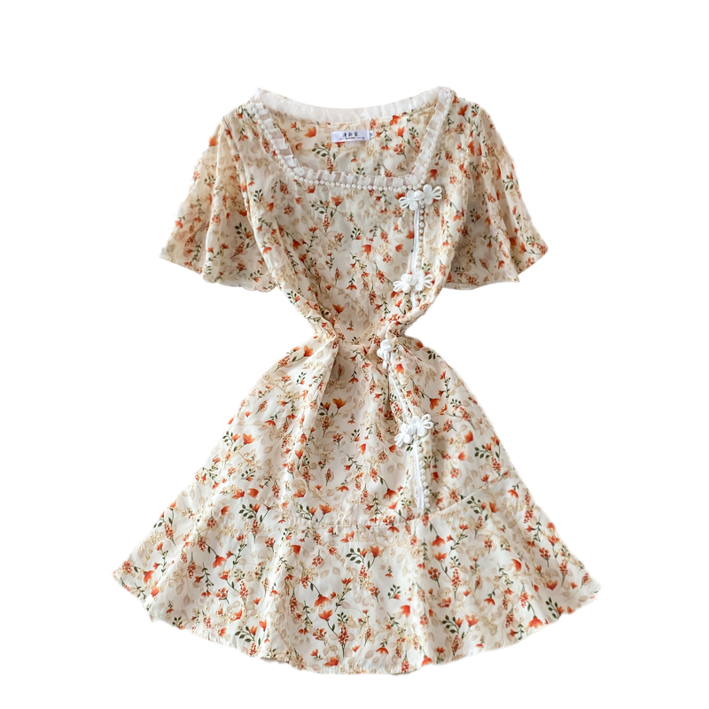 Retro Improved Cheongsam Puff Sleeve Dress Summer French Style Retro Gentle Temperament Short Sleeve Small Fresh Floral Skirt - Image 6