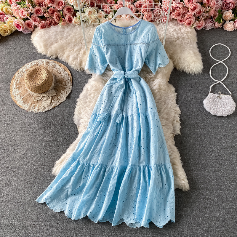 Gentle wind round neck dress, short sleeves, waist, thin, hollow, western style, bubble sleeves, A-line skirt long skirt, summer - Image 4