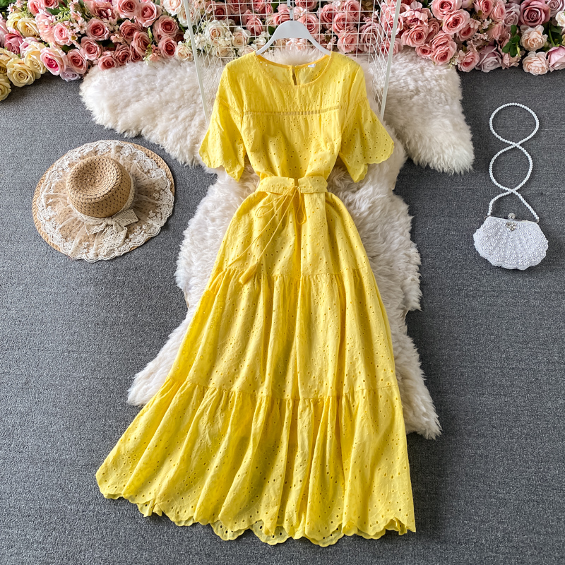 Gentle wind round neck dress, short sleeves, waist, thin, hollow, western style, bubble sleeves, A-line skirt long skirt, summer - Image 5