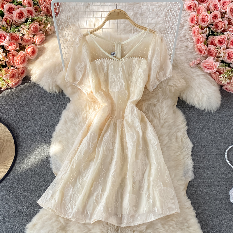 Evening Dress Summer Korean New Elegant Graceful Slim Fit Slimming Beaded V-neck Jacquard Dress Short Sleeve