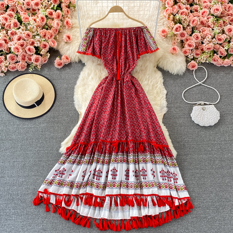 Exotic Bohemian Holiday Swing Long Dress Summer Retro Ethnic Style Off-Shoulder Shoulder-Baring Dress