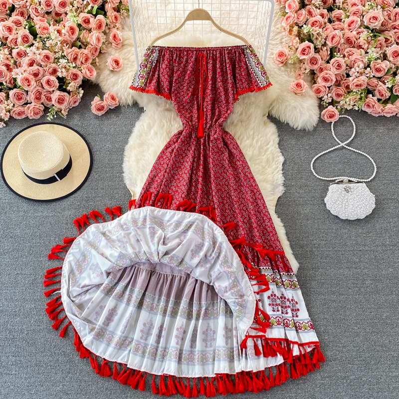 Exotic Bohemian Holiday Swing Long Dress Summer Retro Ethnic Style Off-Shoulder Shoulder-Baring Dress - Image 3