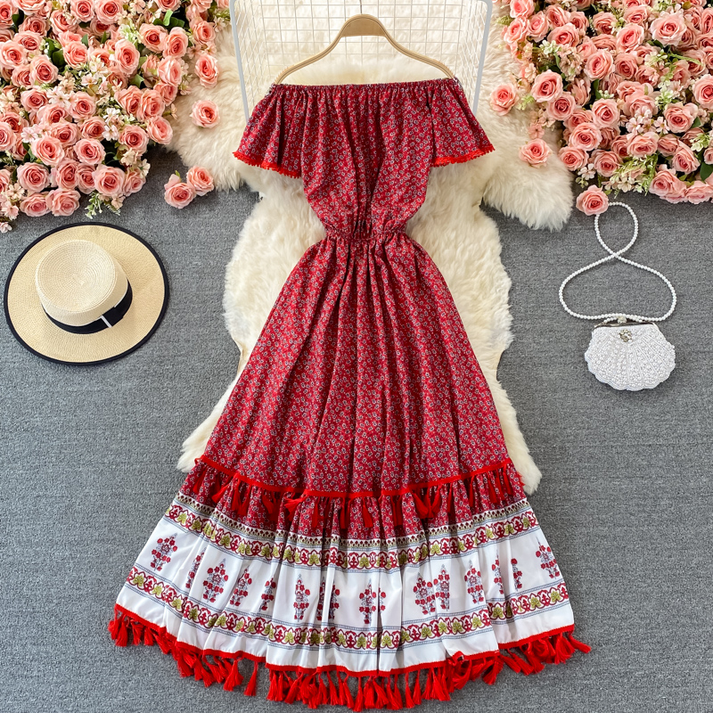 Exotic Bohemian Holiday Swing Long Dress Summer Retro Ethnic Style Off-Shoulder Shoulder-Baring Dress - Image 4