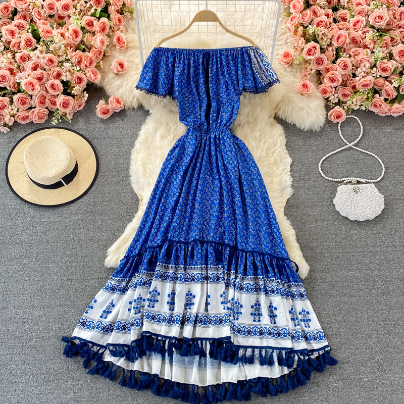 Exotic Bohemian Holiday Swing Long Dress Summer Retro Ethnic Style Off-Shoulder Shoulder-Baring Dress - Image 5