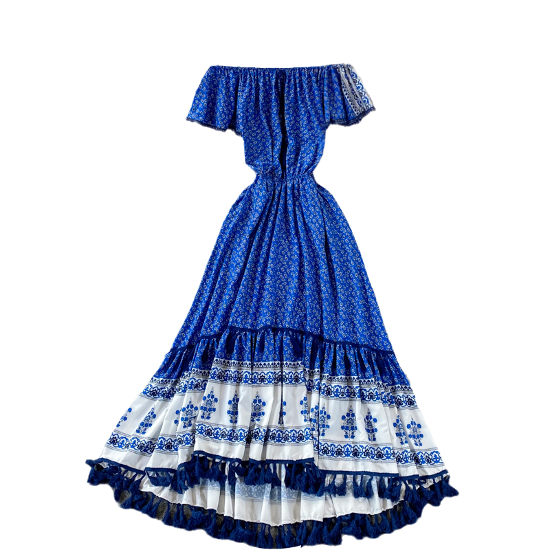 Exotic Bohemian Holiday Swing Long Dress Summer Retro Ethnic Style Off-Shoulder Shoulder-Baring Dress - Image 6