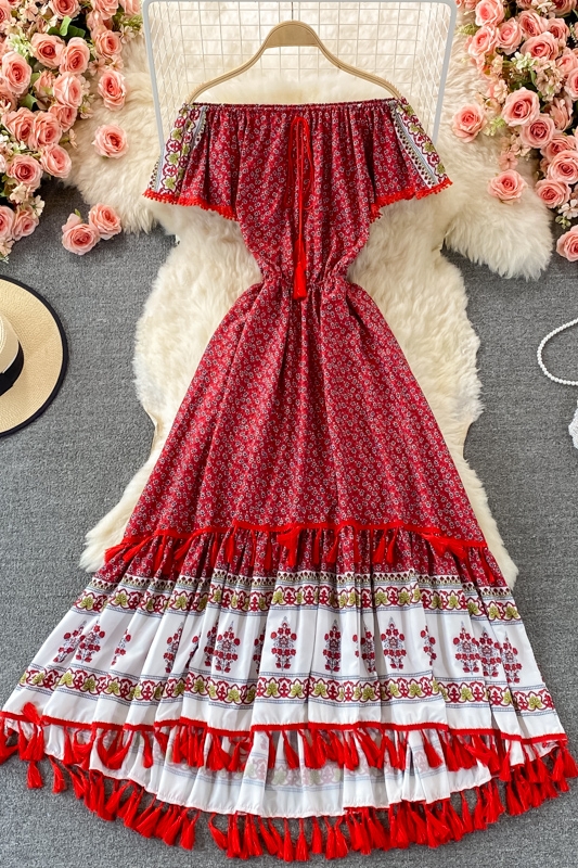 Exotic Bohemian Holiday Swing Long Dress Summer Retro Ethnic Style Off-Shoulder Shoulder-Baring Dress - Image 7
