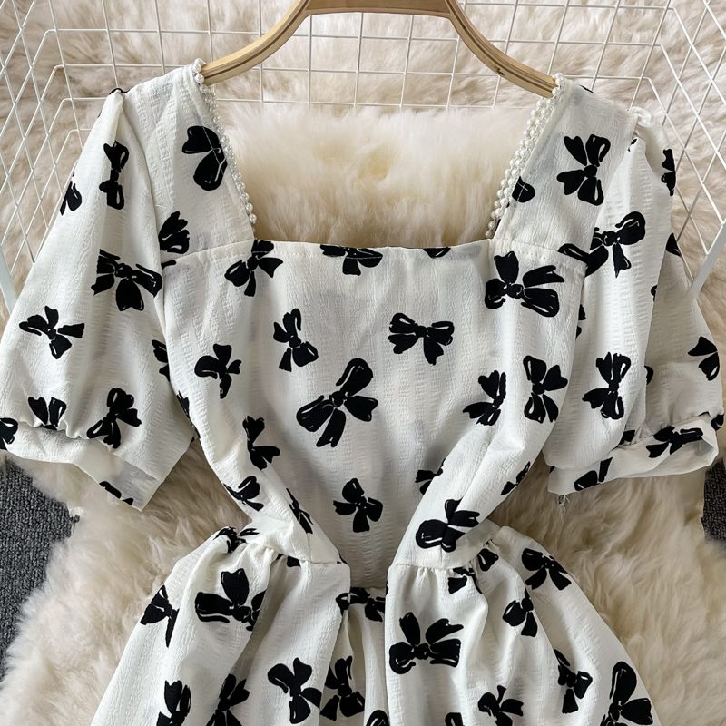 Western style fashion square neck bubble sleeve waist strap butterfly print dress female sweet temperament thin A-line skirt - Image 4