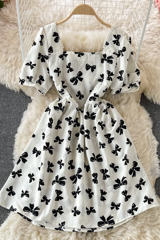 Western style fashion square neck bubble sleeve waist strap butterfly print dress female sweet temperament thin A-line skirt - Image 7