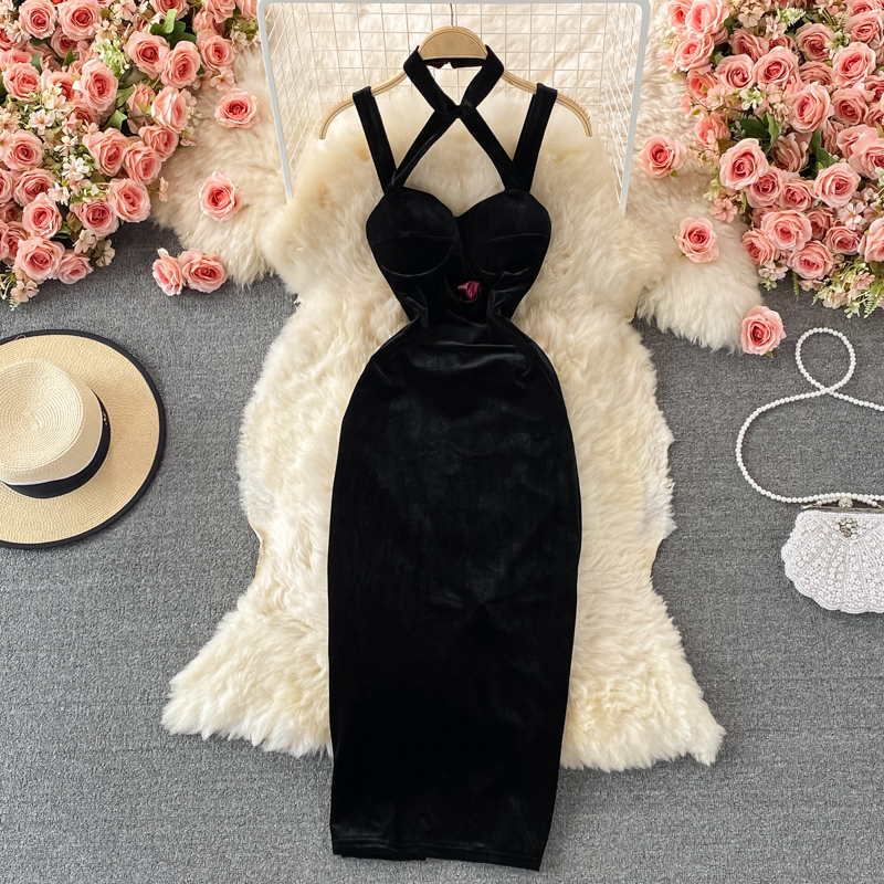 Autumn and Winter New Korean Style Sexy Deep Banquet Dress Halter Off-the-Shoulder Slim Hip Spaghetti Straps Dress - Image 3
