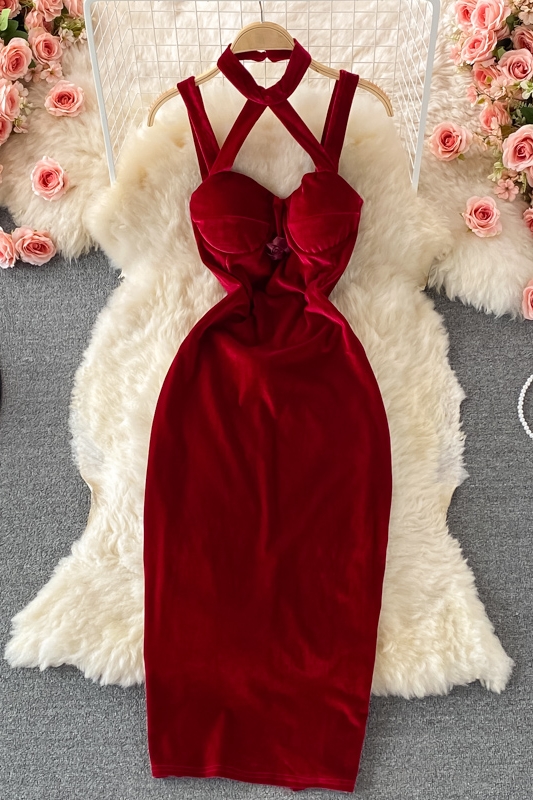 Autumn and Winter New Korean Style Sexy Deep Banquet Dress Halter Off-the-Shoulder Slim Hip Spaghetti Straps Dress - Image 7