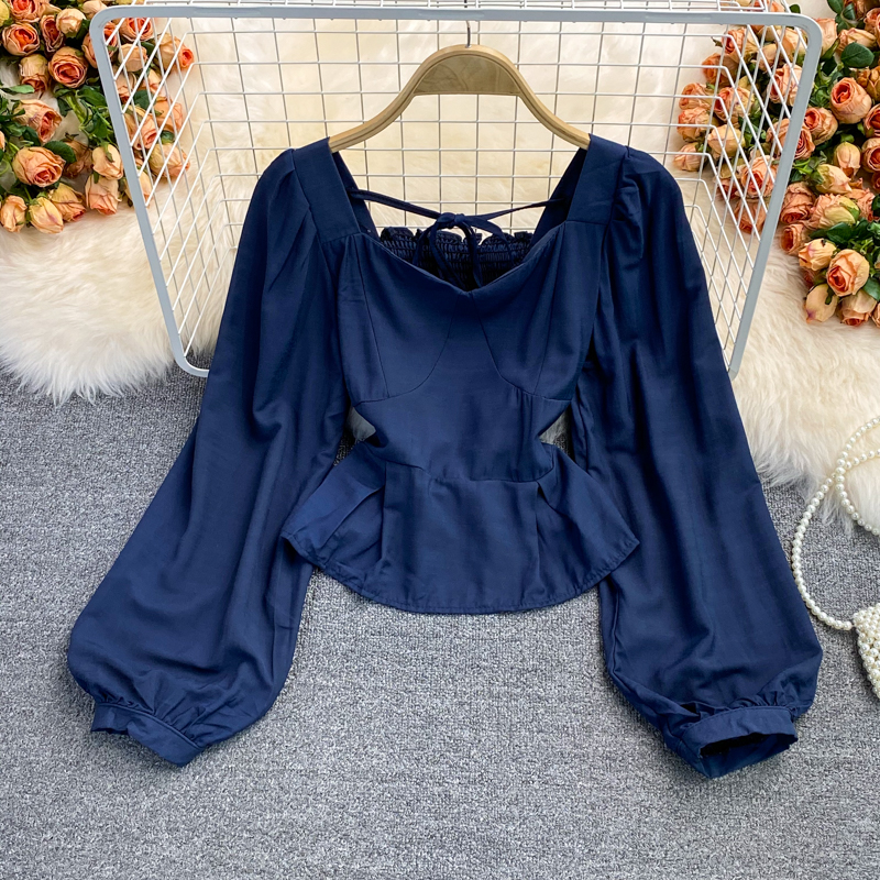 Autumn New Retro Square Collar Slim Fit Slimming Shirt Western Style Top Long Sleeve Temperament French Short Shirt - Image 4