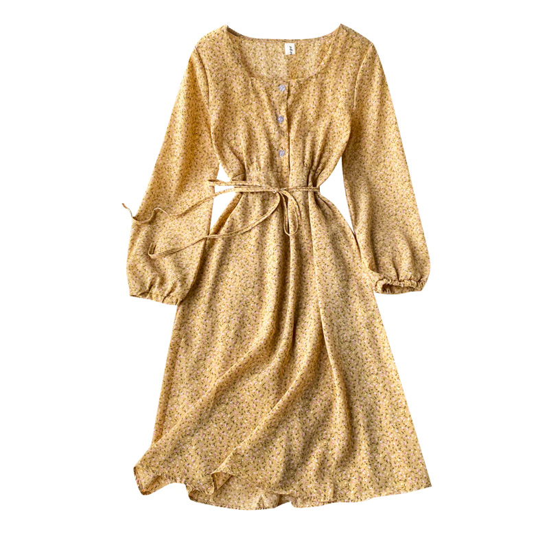 Small fresh square-neck long-sleeved floral skirt mid-length chiffon dress with over-the-knee waist and thin temperament - Image 6