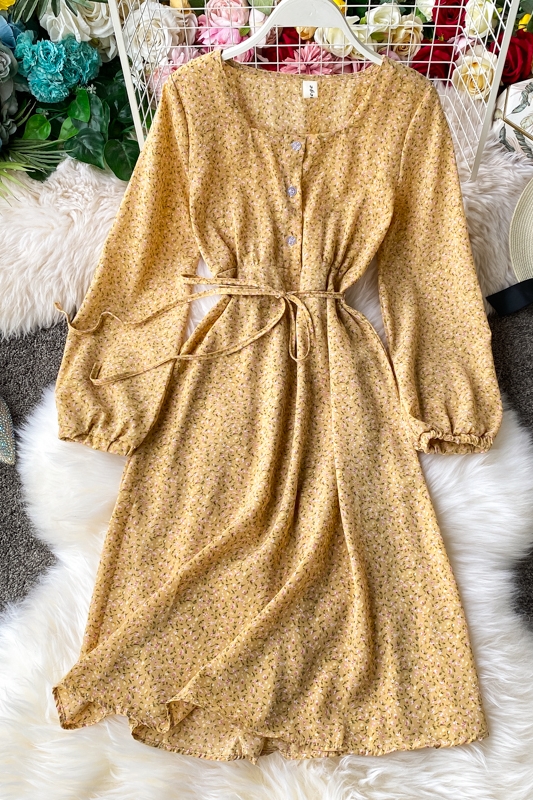 Small fresh square-neck long-sleeved floral skirt mid-length chiffon dress with over-the-knee waist and thin temperament - Image 7