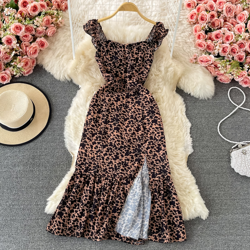 Leopard Print Dress Sleeveless Summer New Square Collar Backless Waist Trimming Slimming Slit French Halter Skirt - Image 2